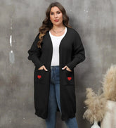 Women's Plus Size Mid-length Woven Love Double Pocket Lantern Sleeve Sweater Cardigan  Adomoo